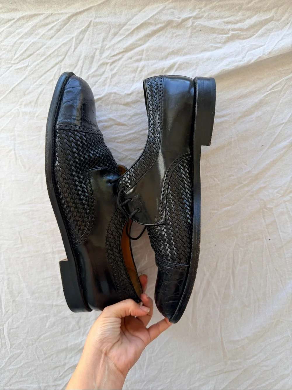Mezlan Black Woven embossed croc Leather Lace-Up Oxfords